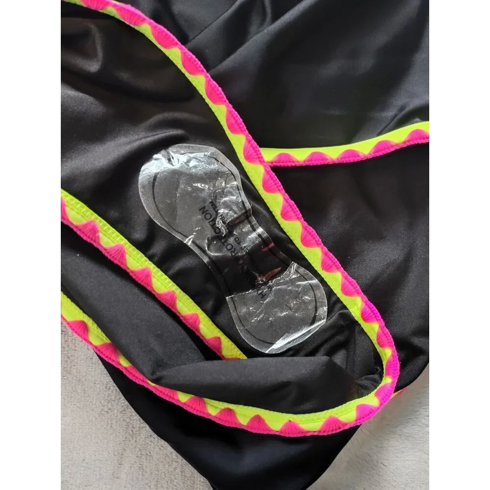 Popvil Black One Piece Tie Back Swimsuit with Multicolored Neon Trim Size XL New